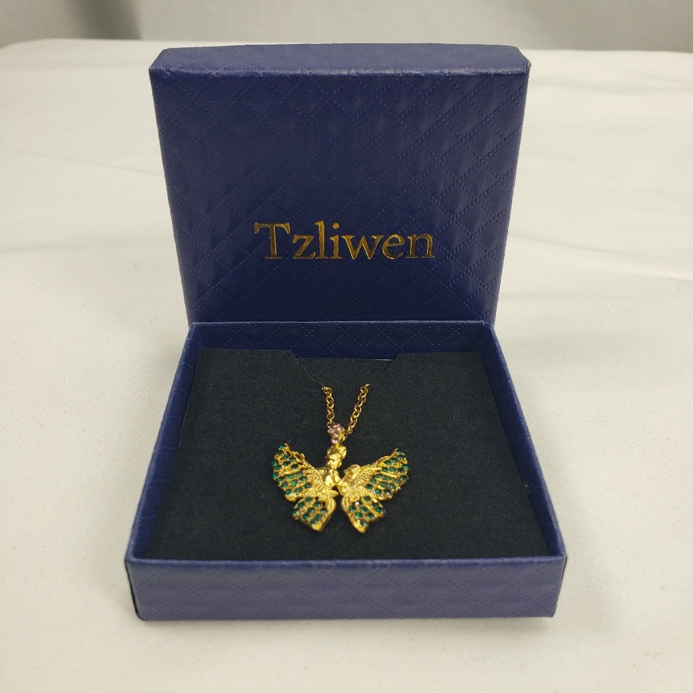 Butterfly Necklace by Tzliwen - Gold Tone and Green Stone